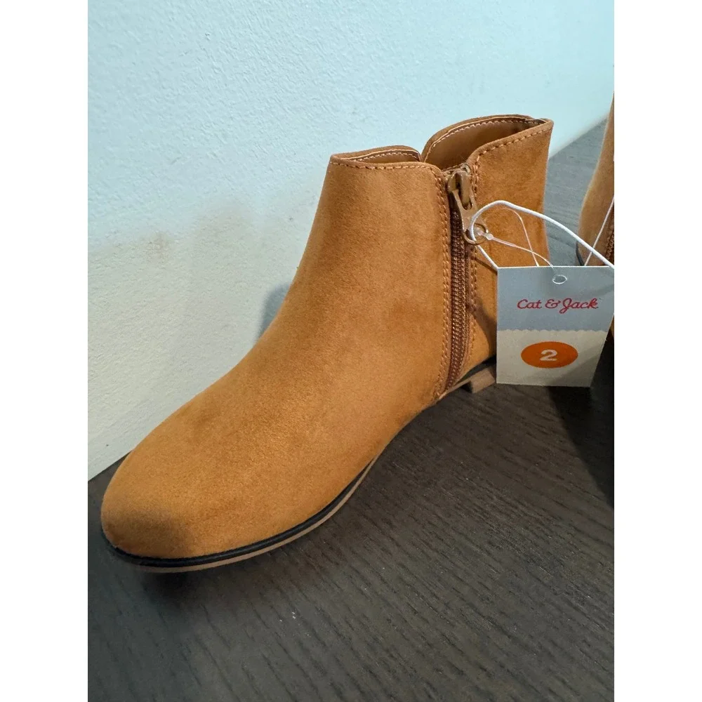 Cat & Jack Opal Ankle Boots Kids Size 2 Cognac Faux Suede Side Zip